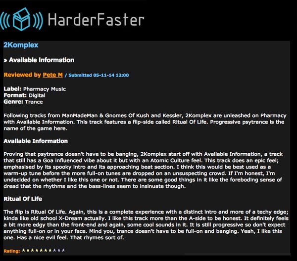 Harder Faster reviews 2Komplex –  Available Information / Ritual of Life