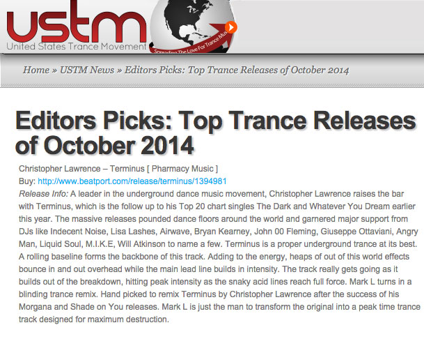 Editors Picks: USTM names Christopher Lawrence – Terminus one of October’s Top Releases